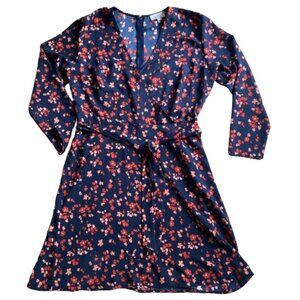 LOFT Belted Midi Dress Wrap Style Back Zip, LS V-Neck, Career Floral Navy, sz 4